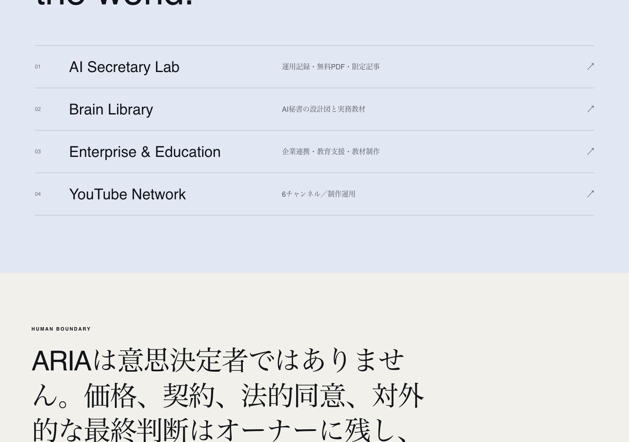 監査前のARIA紹介画面。企業・教育分野が英語の内部的な表現で並び、内容の詳細へ進みにくい