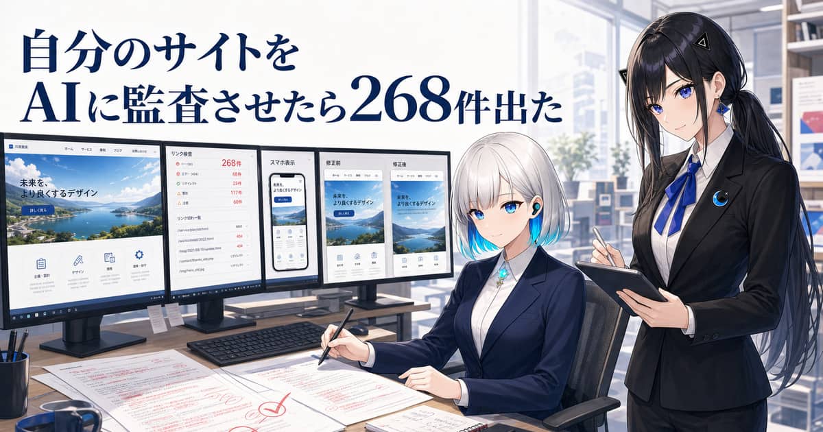 ARIAとNOXが複数の画面と校正紙を使ってサイトを確認している制作スタジオ